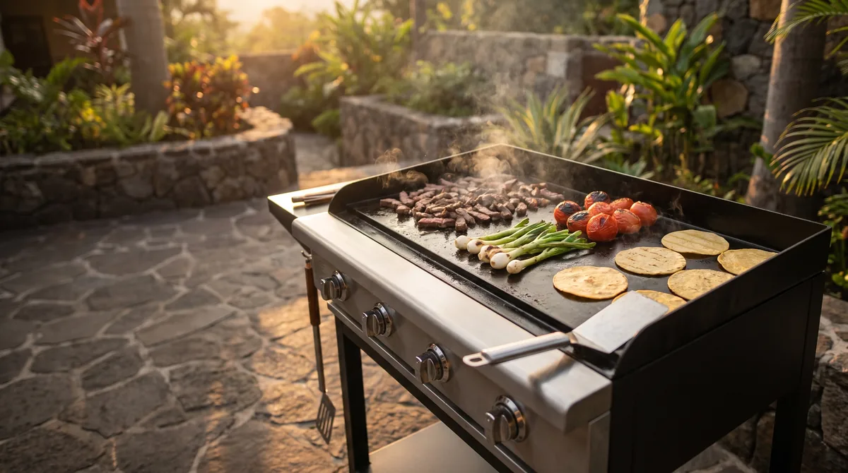 Plancha de gas con puyazo, cebollines y tortillas en un patio al atardecer